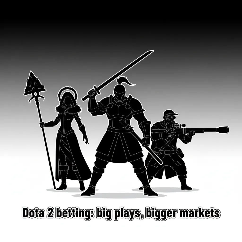 Dota 2 betting graphic with heroes clashing, live odds and markets; logos for TI, ESL One, DreamLeague, Riyadh Masters