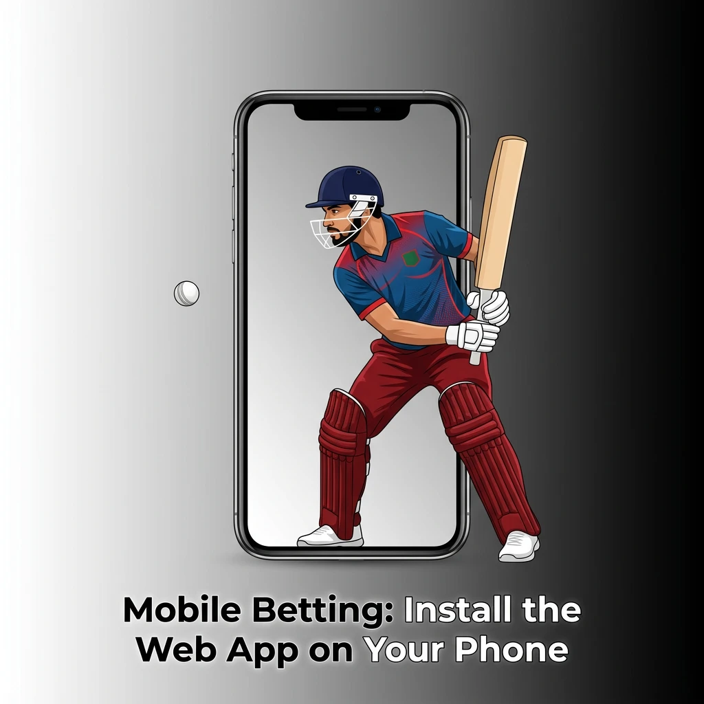 Mobile betting app on phone screen showing cricket live odds, bet slip, and quick navigation for Android and iOS users